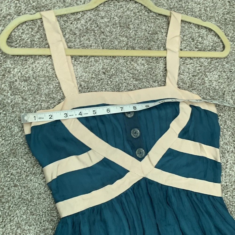 Burlapp Anthropologie Turquoise Cream Trim Silk Mini Dress - Picture 7 of 11